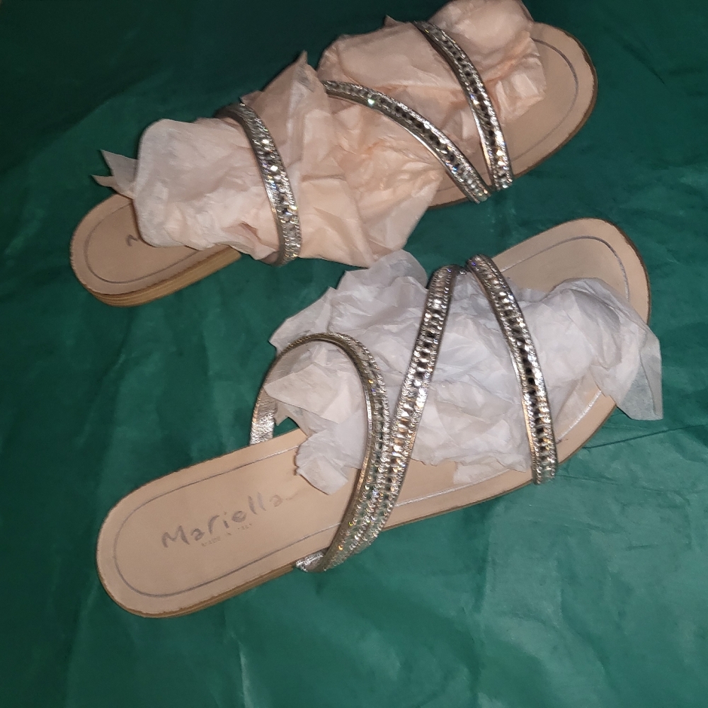 🤍 Mariella womens silver leather rhinestones straps made in Italy sandals